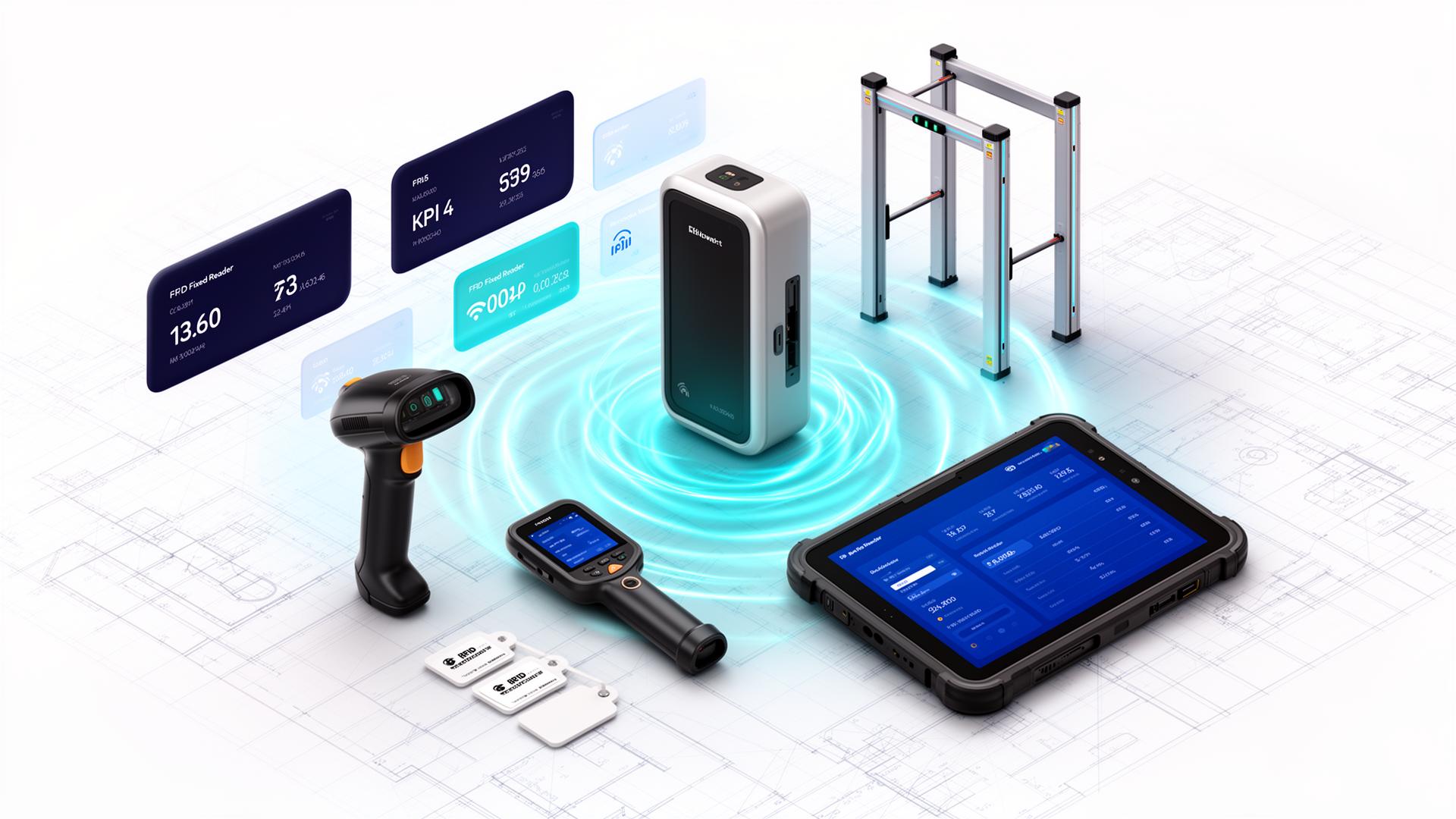 RFID hardware solution with fixed reader, handheld, tags, industrial tablet and gate